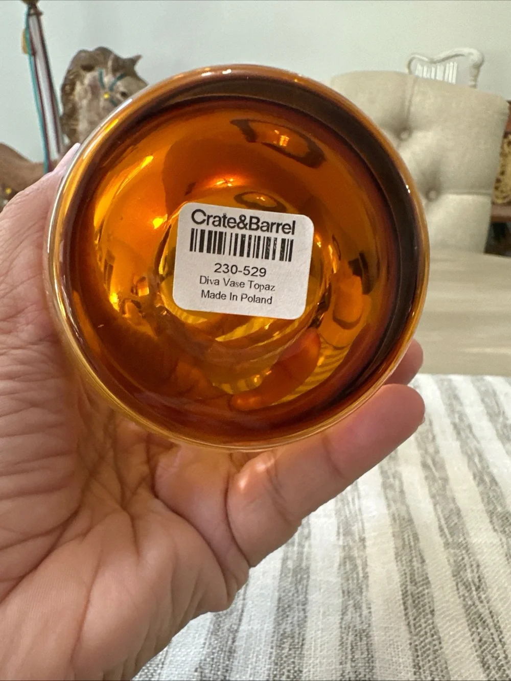 CRATE & BARREL Topaz Diva Vase 8” Poland Amber Glass MCM Modern
